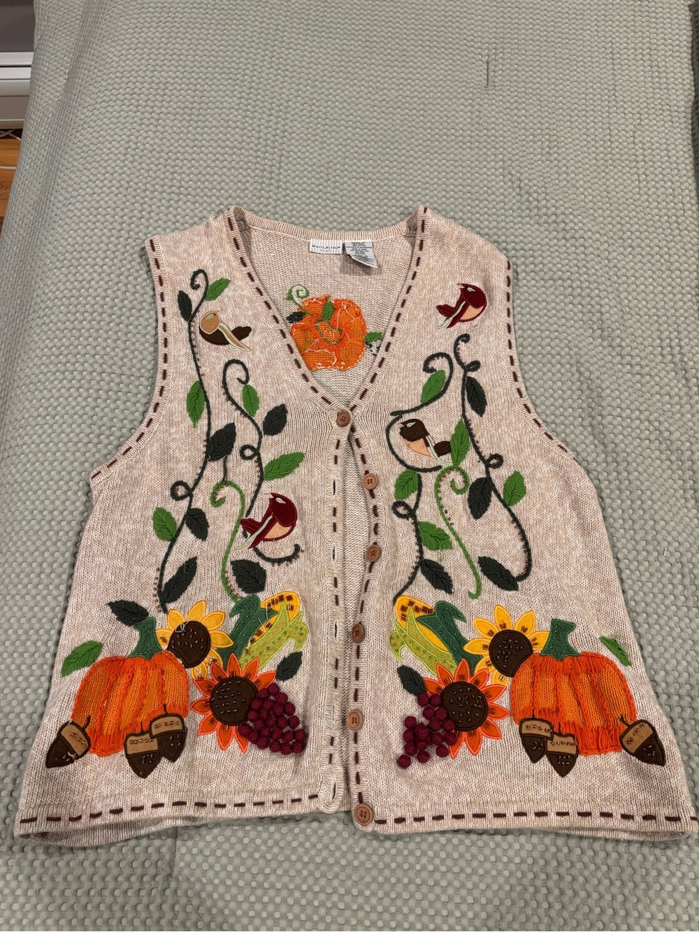 White Stag Beige Knit Vest with Orange and Green Embroidery